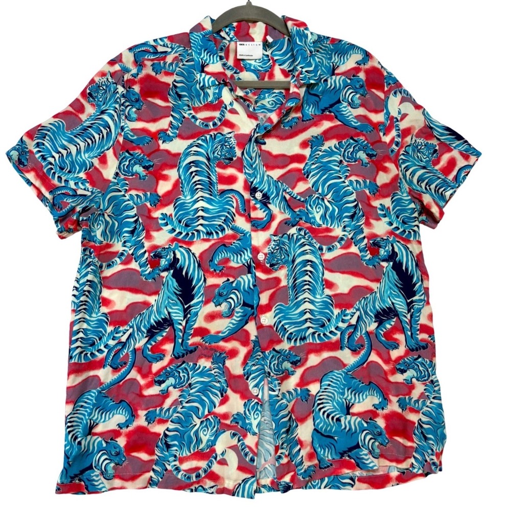 ASOS DESIGN Mens Blue Tiger Print Short Sleeve Button Up Shirt Pink White M
